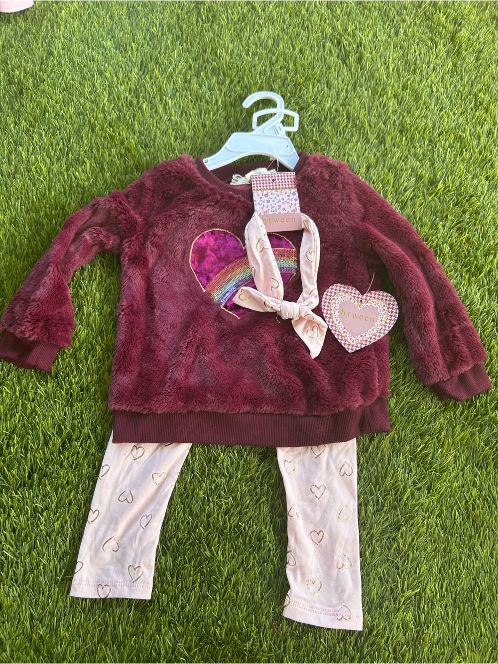 btween Burgundy Plush Heart & Rainbow Top with Cream Heart-Print Leggings